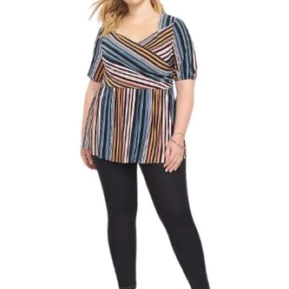 Lane Bryant Multicolor Illusion Stripe Peplum Tunic Faux Wrap Plus Women's 22/24 - Picture 1 of 11